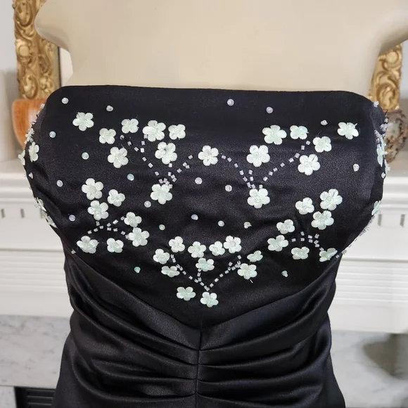 Vtg 80s Zum Zum Black Prom Dress Pistachio Sequin Beaded Floral Strapless Sz 3